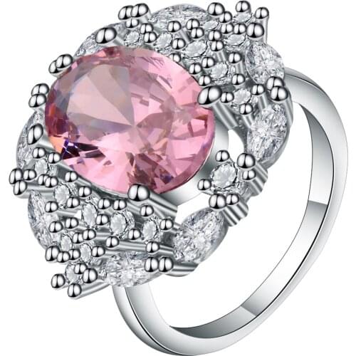 Beautiful Pink Austrain Crystal Big Flower Rings Women Silver Color Hyperbolic CZ Plant Engagement Bands Rings Femme Bijoux Gift