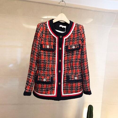 Black Red Plaid Tweed Jackets Women Vintage Harajuku Coat Bomber Jacket Autumn Winter Outwear Europe Lion Buttons O-Neck A507