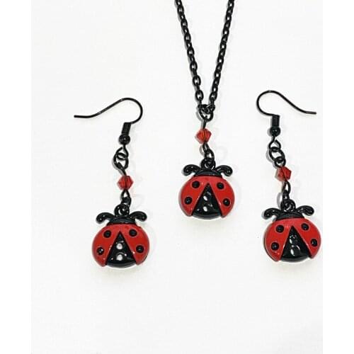 Hot 1 set Black Ladybug metal Necklace & Earrings with Red Crystal Beads, charm