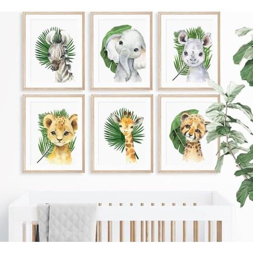 Cute Watercolor Safari Animals Green Leaf Nursery Decor Canvas Painting Poster Prints Wall Art Pictures Kids Bedroom Home Decor