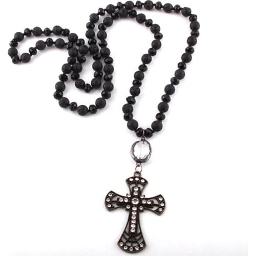 MOODPC Fashion Bohemian Tribal Jewelry Black Lava Stones/Glass Long Knotted Cross Necklaces Women Necklace Dropship