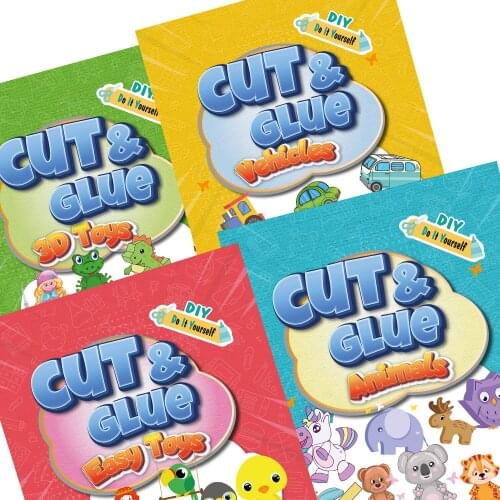 Cut & Glue Books Set, 4 Books: 3D Toys, Easy Toys, Animals, Vehicles, 48 games DIY