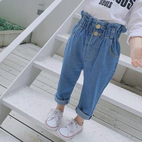 New Korean boys and girls' high waist jeans childrens buttons long pants childrens elastic belt lower garment