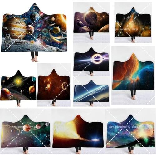 3D Printed Throw Hooded Blanket Hood Poncho Cloak Starry Nebula Thicken Warm for Magic Hat Winter Novelty Blanket for Sofa Bed
