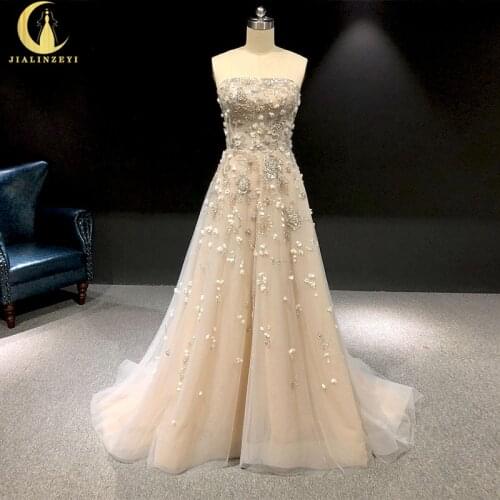 Rhine real Pictures Strapless Chamapgen and Grey Beads Sequins A-line Formal dress prom dresses arabic evening dresses long