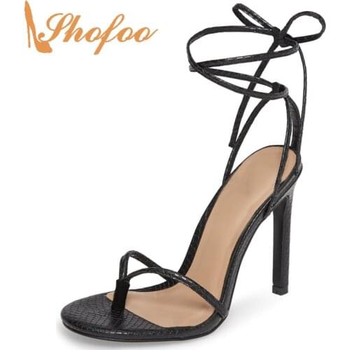 Black Snakelike Snake Print Ankle Tied High Heel Stilettos Split Toe Sandals Lace Up Mature Shoes Woman Large Size 15 16 Shofoo
