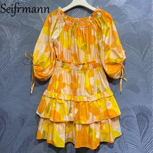 Seifrmann New 2021 Summer Women Fashion Designer Mini Dress Sexy Slash neck Ruffles Elastic Waist Printed Cotton Cake Dresses