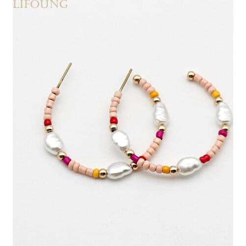 Pink Hoop Earrings Multi Color Cute Bohemia Fashion Acrylic Pearl Ear For Women Copper Colorful Trend Seed Beads Jewelry 2021108