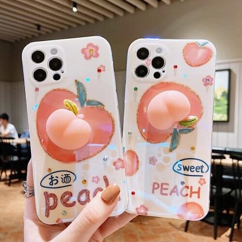 Cute Squishy Peach Phone Case For iPhone 12 Mini 11 Pro Max XR XS Max SE 2020 78 Plus 3D Kawaii Fruit Soft Back Cover