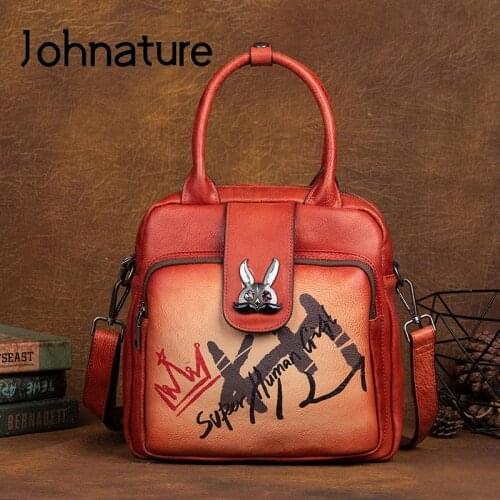Johnature Hand Painted Nature Cow Leather Women Bag 2021 New Chinese Style Retro Handbag Versatile Shoulder & Crossbody Bags