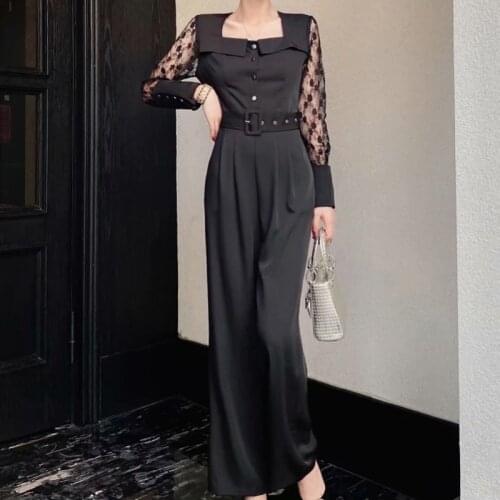 Newest HIGH QUALITY 2021 Stylish Designer Jumpsuits Womens Square Collar Lace Long sleeve puff sleeve Sashes Long Jumpsuits