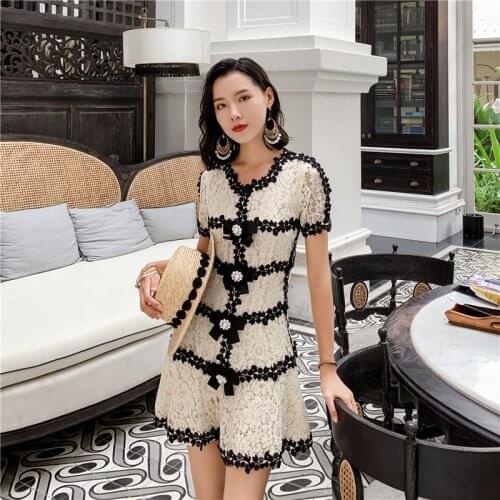2020 Summer Japanese Style Small Fragrance Lady Lace Patchwork Women Dresses Temperament Slim Short Sleeve Beach Ladies Dresses