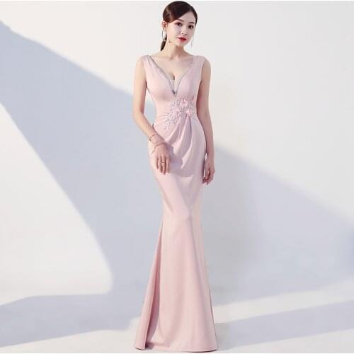 Pink Deep V-Neck Evening Dress Empire Embroidery Sleeveless Mermaid New Floor-length Plus size Women Formal Party Dresses C1300