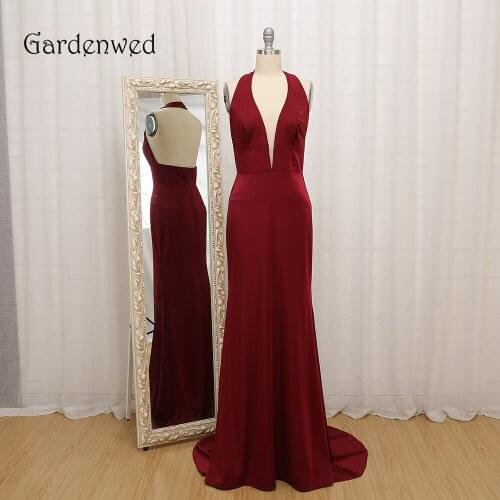 Gardenwed Burgundy Formal Gowns 2019 Sexy Long Deep V Neck Halter Backless Prom Dress gala jurk