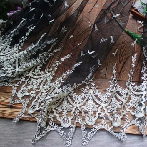 135cm 53"*1Y Black Mesh with Light Gold Embroidered Flower Lace Fabric Dress Fabric,Light Gold Embroidery Fabric