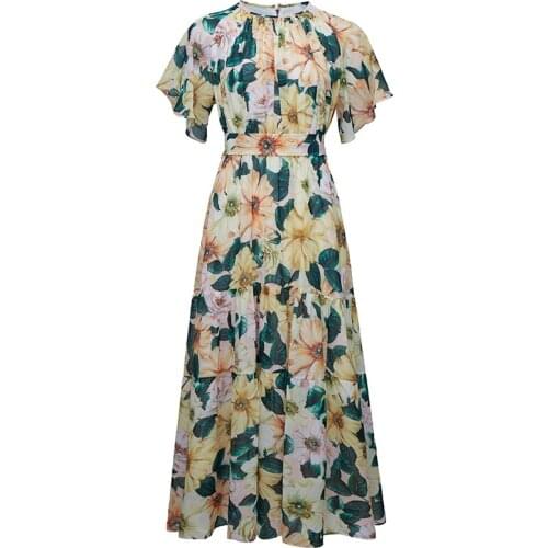 2021 Designer Summer Bohemian Holiday Dress Women Customize Plus Size Short sleeve Fashion Yellow Camellia Print Long Dress