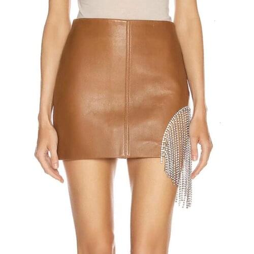 Asymmetrical Crystal Tassel PU Lether Shorts Skirts High Waist Loose Plus Size Shorts A-Line Mini Skirt L XL
