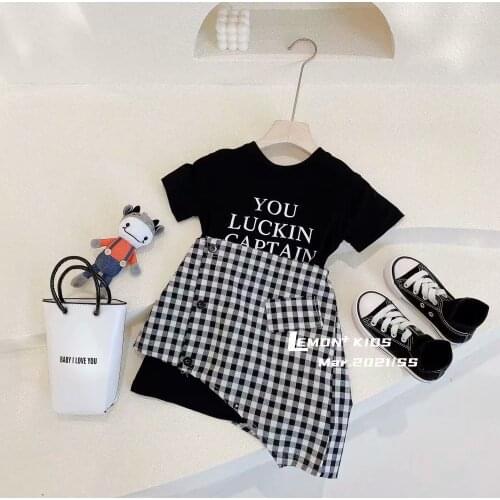 Childrens Suit 2021 Summer New Girls Set Childrens Casual T-shirt Letter Short skirt two-piece Round Neck grid
