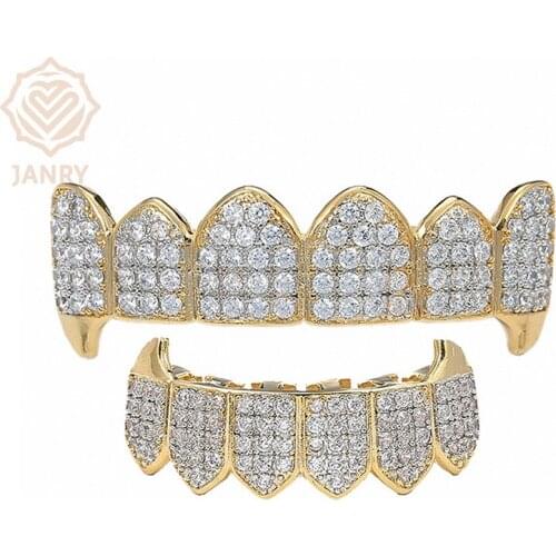 JANRY New Fit Hip Hop GRILLZ Iced Out AAA Zircon Fang Mouth Teeth Grillz Caps Top & Bottom Grill Set Men Women Vampire Grills