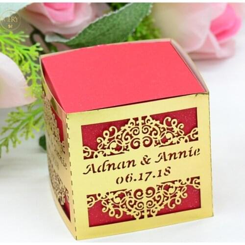 Red inner box Gold metallic sleeve laser cut wedding gift favor box decorations