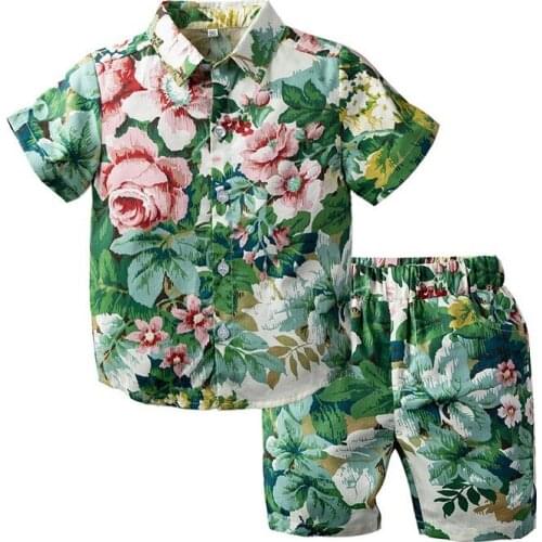 Little Gentleman Boys Summer Sets Green Hawaii Style Toddler Shirt + Shorts Kit Kids Clothes