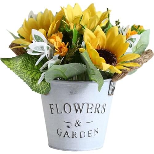 Metal Pot Bonsai Sun Flower Sunflower Decorations Ornaments Thick Hemp Rope Artificial Daisy Bouquet With Vase Vintage Plant Set