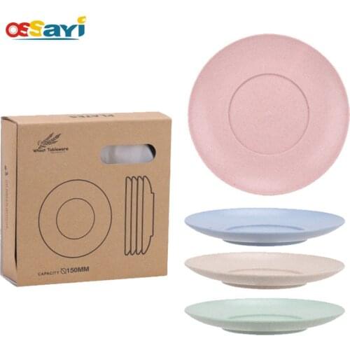 OSSAYI 4Pcs Eco Wheat Straw Plate Dish Sets Solid Natural Healthy Biodegradable Tableware Dinnerware Round Dishes Kits