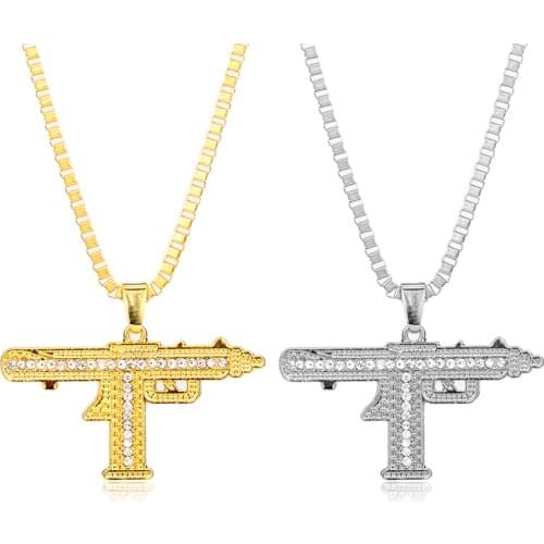 Hip Hop Uzi Kolye Gun Pendant Necklaces Gold/Silver Color Submachine Gun Metal Chain Necklaces For Men/Women Male Jewelry Gift