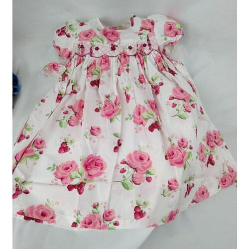 Girl Rose Dresses 3 4 5 6 7 Years Summer Baby Girls Smocked Floral Pattern Dress Print Party Smocking Embroidery Dress