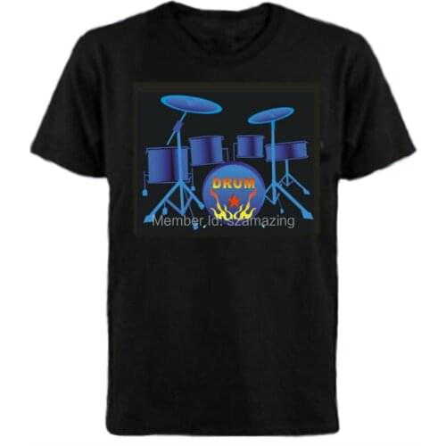 Sound Activated drum design el flashing shirt with 4pcs AAA battery inverter Free Shipping