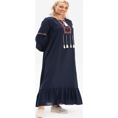 Handmade Long Sleeve Tasseled Navy Blue Dress New Fashion Womens Clothing Collections Special Design Hijab Wear