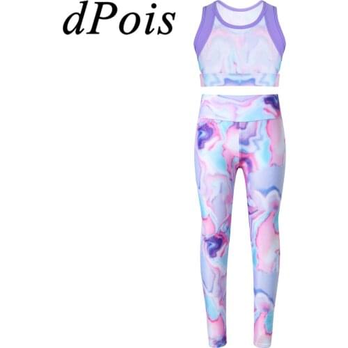 Colorful Girls Dance Wear Sleeveless Tie-Dye Top + Sports Leggings Children' Sport Running Gym Workout 2pcs Kids Sweatsuit Sets