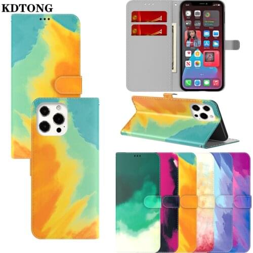 Thin Flip Phone Case for iPhone 13 Mini Pro Max Funda Fashion Watercolor Leather Wallet Shockproof Full Protection Cover Etui