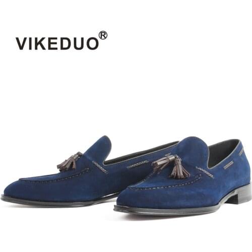 VIKEDUO 2020 Casual Loafer Shoes Kid Suede Blue Tassel Handmade Shoes Slip-On Flat Mens Footwear Patina Bespoke Zapatos Hombre