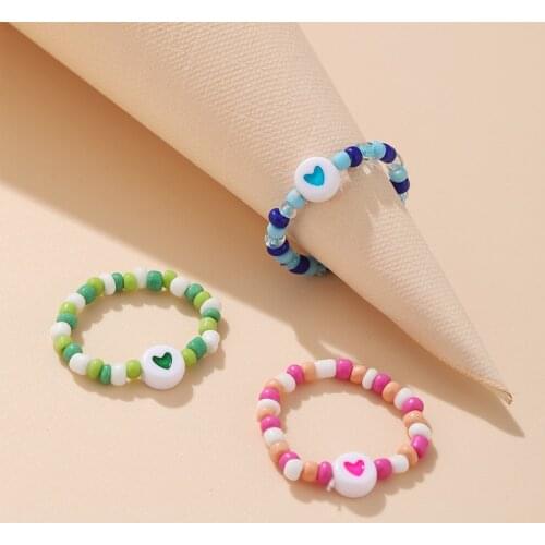 Vintage Love Rings for Girl Soft Pottery Rice Bead Ring Bohemian Colorful Rice Bead Heart Ring Party Accessories Jewelry