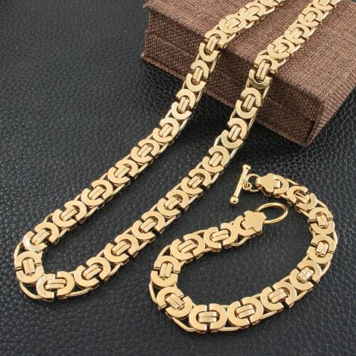 High Quality Big Chain Fashion Link Stainless Steel Gold Color Necklace Bracelet Simple Jewelry Sets SCAZATCI1