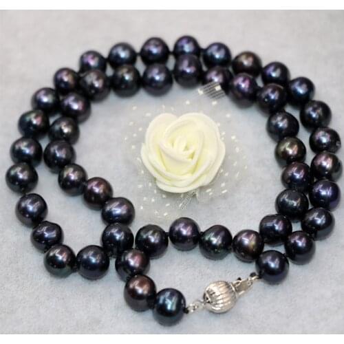 High grade charms natural freshwater cultured black pearl 9-10mm nearround beads necklace for women elegant jewelry 18inch B3021