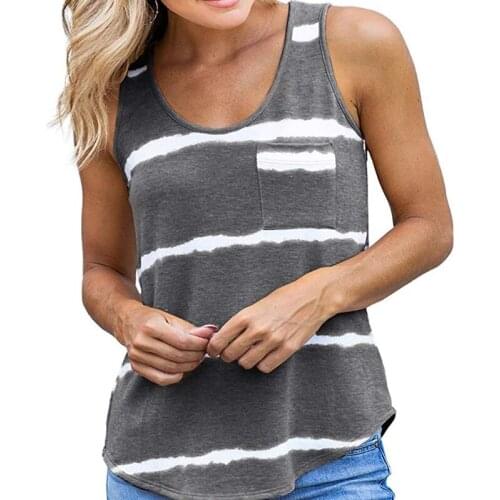 2021 Casual Women Sleeveless Loose T-shirts O-Neck Light Blue Tops Tees Femme Summer Outwear 2XL Plus Size Striped Tshirts G2718