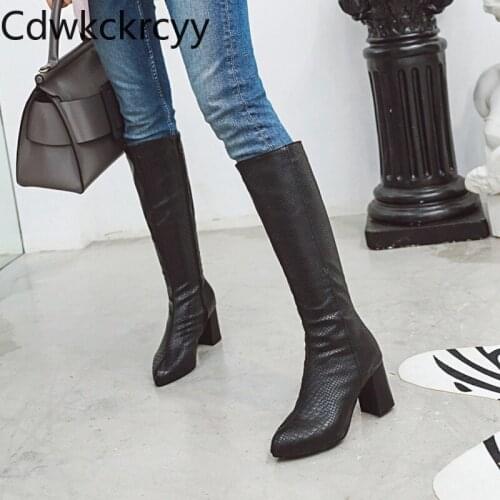 Winter The New fashion Round head Thick heel long Boots Snake black Sexy Plus velvet Keep warm High heel Women boots size 34-48