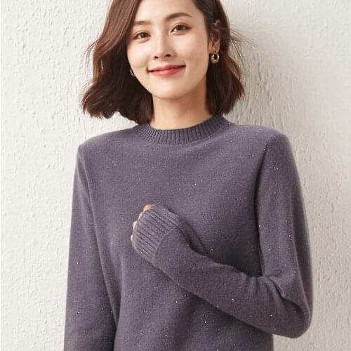 21 Autumn and Winter New Sequined Pure Wool Sweater Womens half High Neck Pullover Short Cashmere Long-sleeved Sweater Base