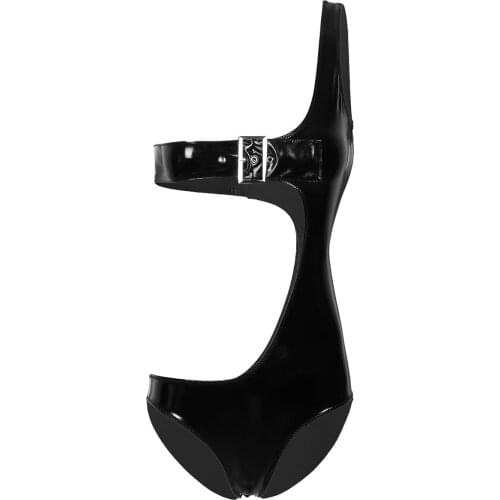 Womens Wet Look Body Suit Patent Leather Lingerie One Shoulder Breast Ajustable Buckle Hollow Out Leotard Bodysuit Costumes