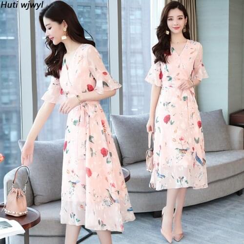 Summer New Vintage Plus Size Floral Chiffon Sundress 2021 Korean Boho Beach Midi Dress Elegant Women Flare Short Sleeve Vestidos