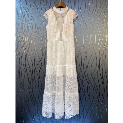 Black White Lace Long Dress 2021 Summer Fashion Party Events Women Stand Neck Ruffle Deco Sleeveless Lace Maxi Dress Vestidos