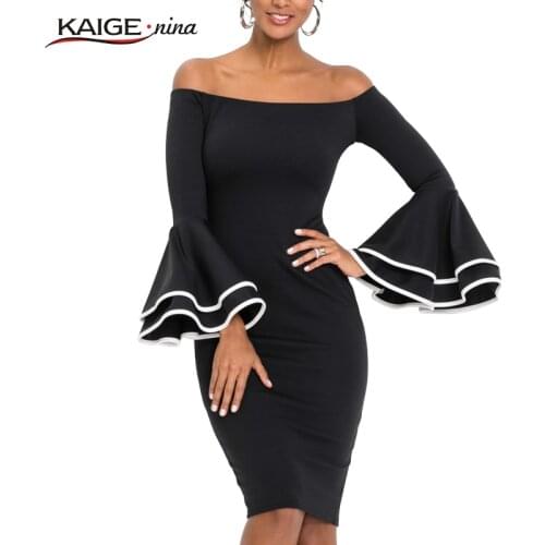 Kaige.Nina New Womens Fashion Vintage Solid Slash neck Knee Autumn Sheath Dress With Flare Sleeves 18007