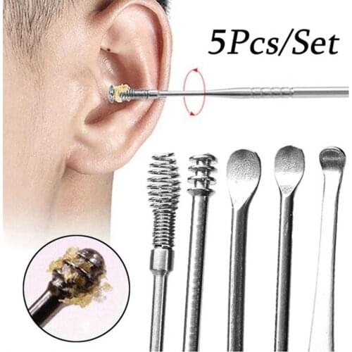 5Pcs/set Ear Wax Pickers Stainless Steel Earpick Wax Remover Curette Ear Pick Cleaner Ear Cleaner Spoon Care Ear Clean Tool