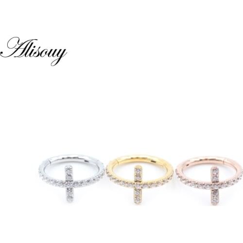 Alisouy 1pc Stainless Steel Cross Zircon CZ Septum Clicker Nose Ring Daith Hoop Segment Ring Cartilage Earring Piercing Jewelry