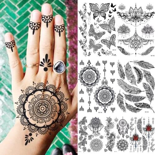 Black Mandala Flower Henna Temporary Tattoos For Women Girls Butterfly DreamCatcher Henna Fake Tattoo Sticker Arm Tatoos 3D