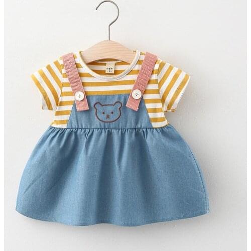 Kids Clothing Baby Girls Summer Clothes Denim Skirt Korean Stripe Cute Bear Outfit Fashion Casual Short Sleeve Wear For Babies
