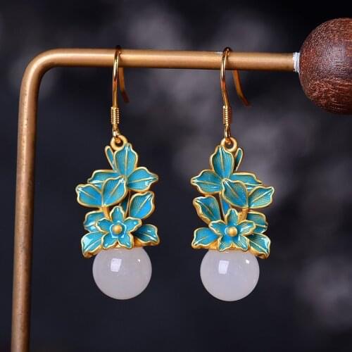 Natural Hetian Jade White Jade Baked Blue Flower Earrings S925 Sterling Silver Craft Light Lake Blue Sweet Elegant Accessories