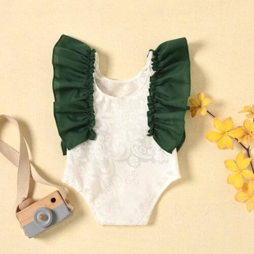 0-24M Newborn Baby Girls Romper, Infant Fly Sleeve Ruffled Hem Jumpsuit Lace Bow One Piece Bodysuit for Summer